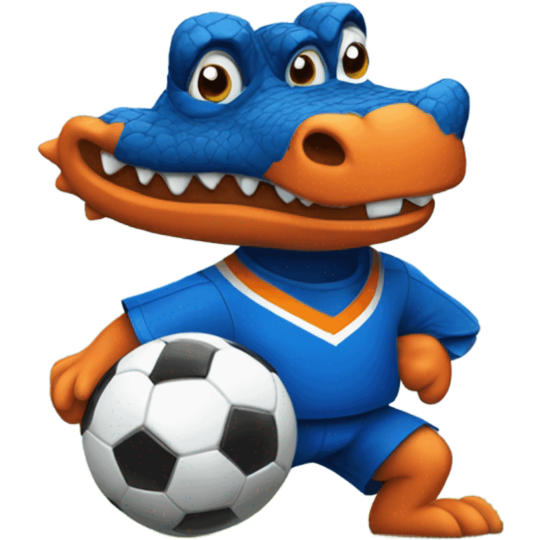 Gator with a soccer jersey in blue and Orange kicking a soccer ball emoji