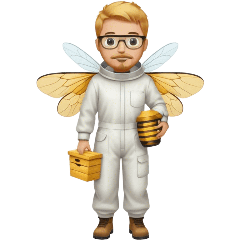 full body medium size bee keeper with  short light strawberry blonde hair and goatee wearing glasses  emoji