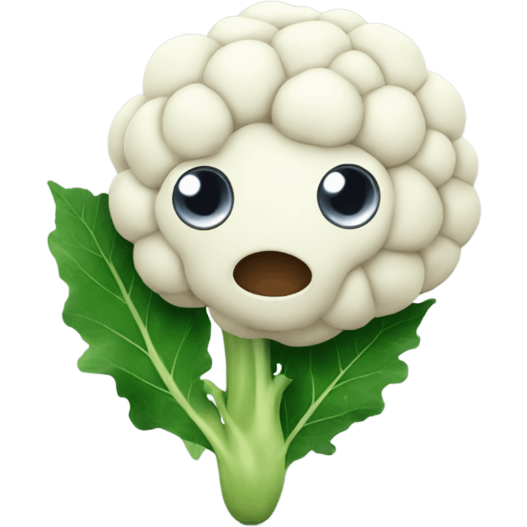 Cauliflower with cute big eyes holding a mirror, surrounded by leaves. emoji