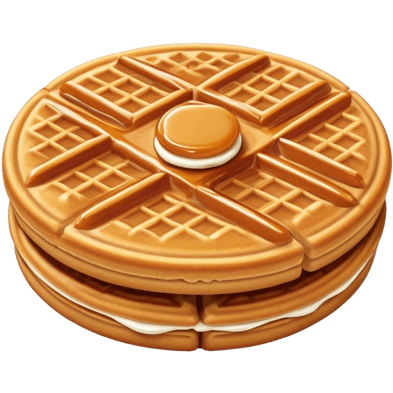 Stroopwafel Cinematic Realistic Stroopwafel Dessert Emoji, depicted as a single, flat, delicate caramel-filled waffle cookie rendered with crisp textures and warm, inviting lighting. emoji