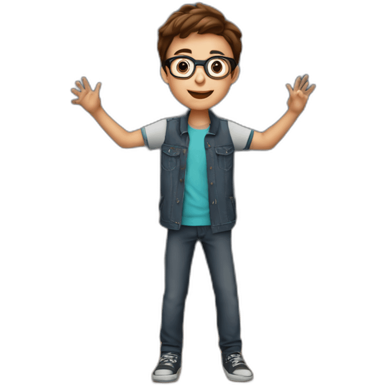 a 12-year-old boy with brown hair and glasses performs on the stage of the theater emoji