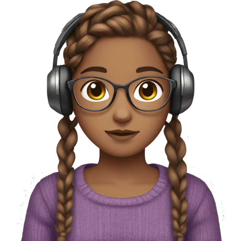 Brown hair girl, braids, brown eyes, violet sweater, headphones, clear glass, brown skin, and cat in hands emoji