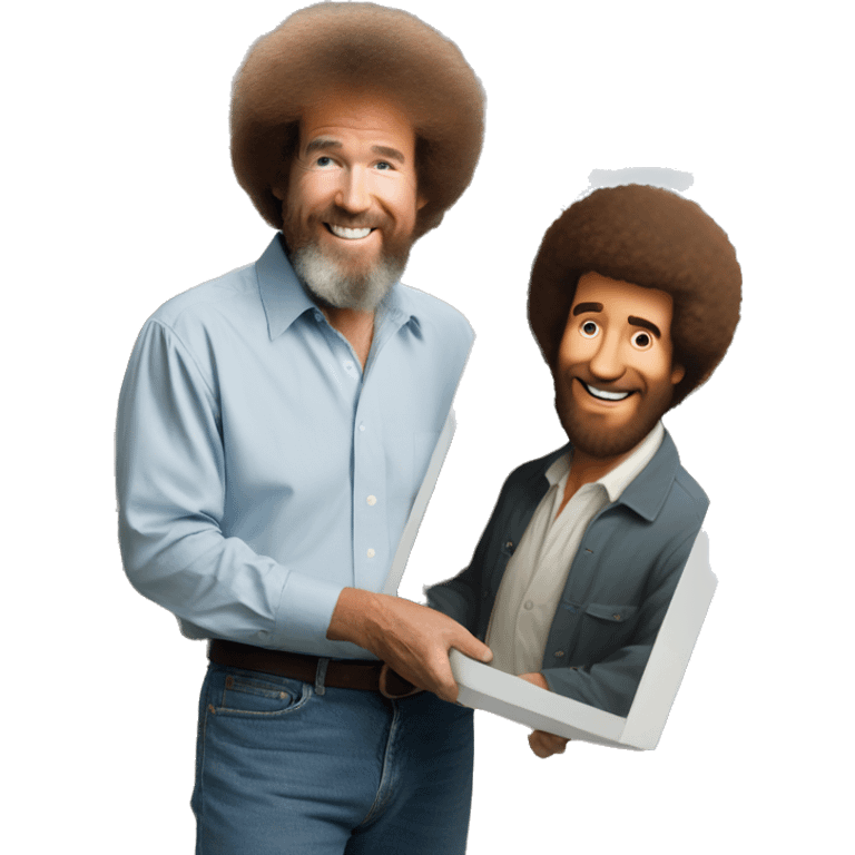 Bob Ross holding a painting of Bob Ross emoji