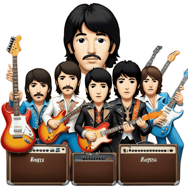 Rock music icon: dynamic collage of global rock legends like The Beatles, Jimi Hendrix, Elvis Presley, Led Zeppelin, Queen, and Nirvana, surrounded by guitars, amplifiers, and stage lights. Symbolizing the energy and power of rock music. Transparent background. emoji