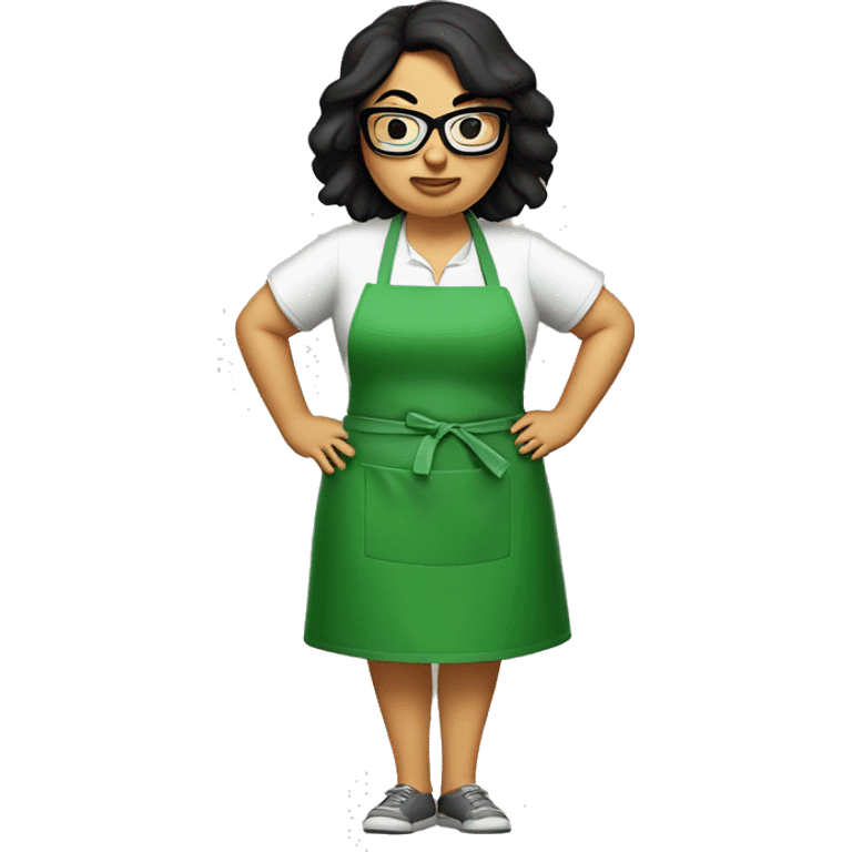 chubby lady with black hair green apron  with glasses cooking tacos emoji