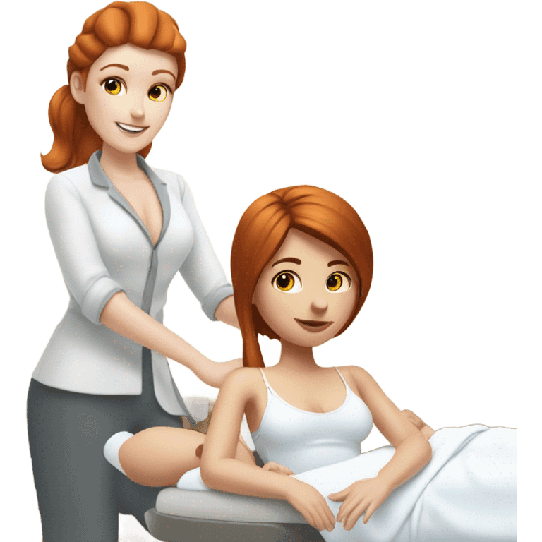 A snowman giving a hot Auburn haired white Scientist girl a massage on the table ￼ emoji