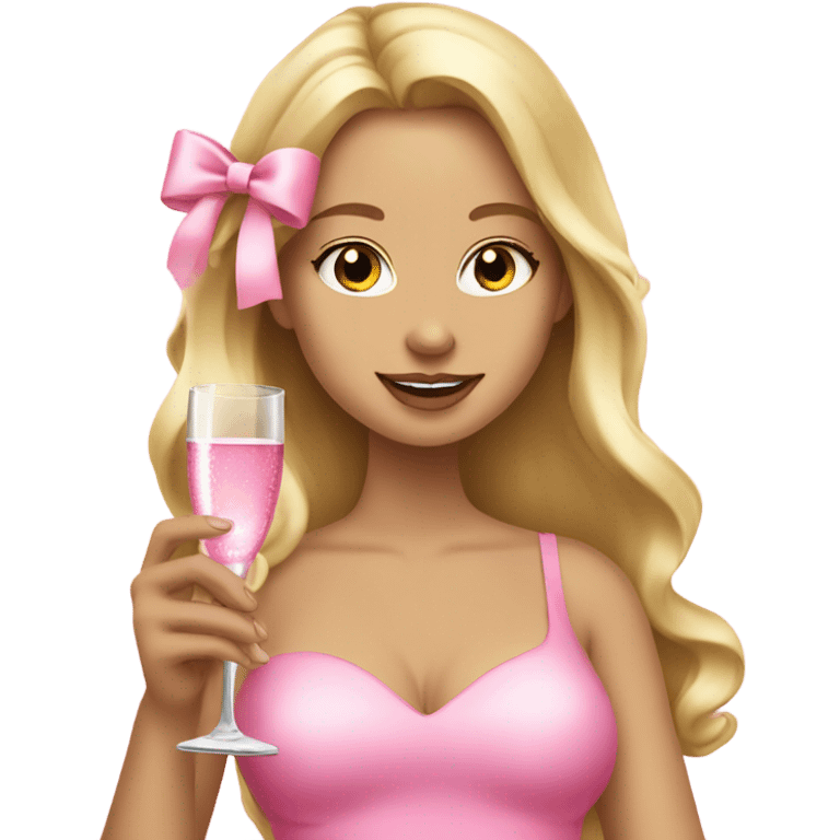 Pretty blonde lady with long hair drinking pink champagne with pink bow on hair emoji