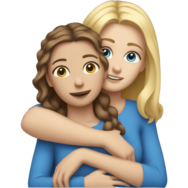 Mom with brown hair & blue eyes hugging daughter with blonde hair & blue eyes emoji