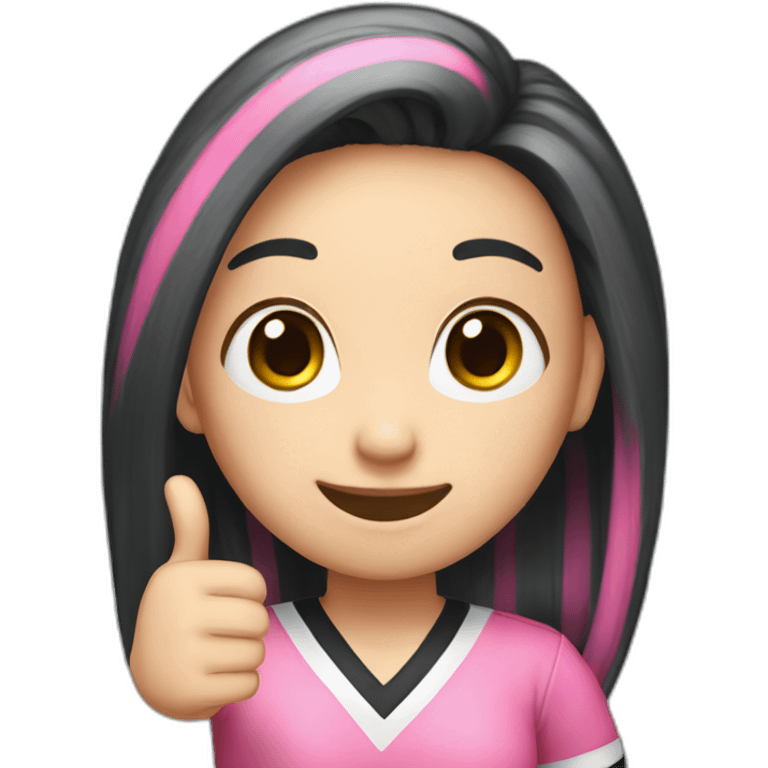 women with black Pink striped hair, a long long hair, pink eyes,korean, She raises a thumbs up, nervous, and smiles  emoji