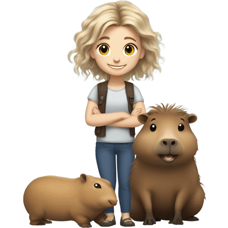 happy 10-year-old white girl with kind of messy hair, smiling next to capybara emoji