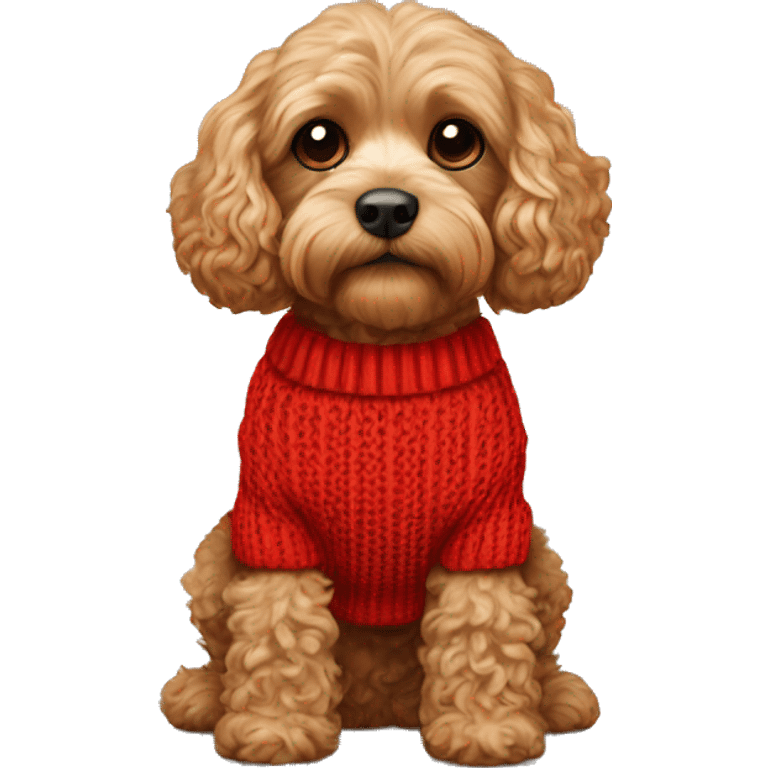 Cavapoo dog wearing a knitted red jumper emoji