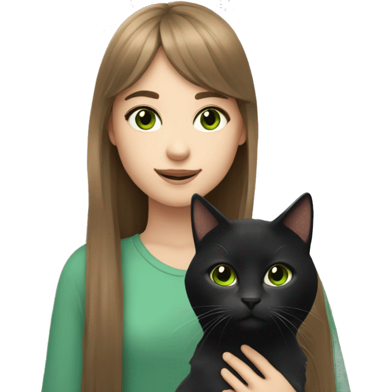 Girl with green eyes and long brown hair with bangs holding a black and white cat emoji