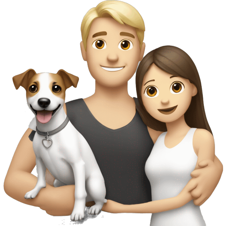 Jack Russell Terrier in the arms of a blonde girl and a brunette man  emoji