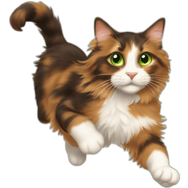 jumping longhaired brown calico cat with green eyes emoji