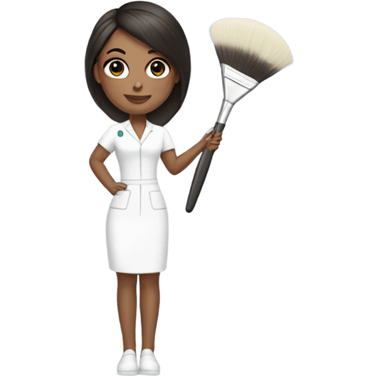 Brunette esthetician wearing white holding a fan brush emoji