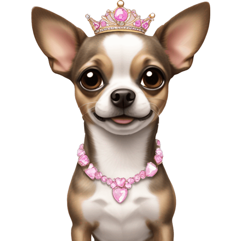 Brindle and white chihuahua wearing a pink tiara emoji