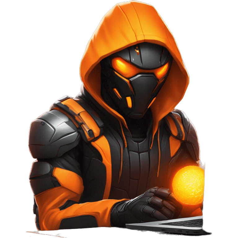  developer behind his laptop with this style : crysis Cyberpunk Valorant orange glowing bright orange character orange black hooded assassin themed character emoji