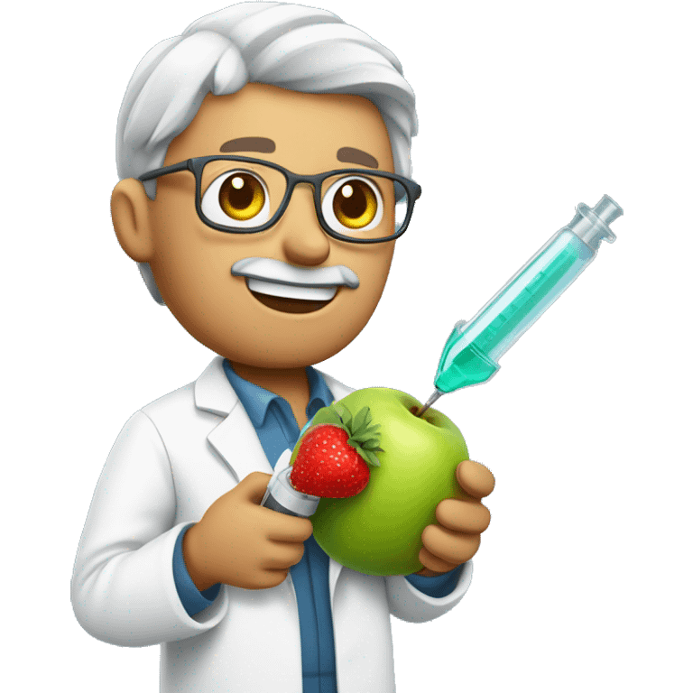 Scientist holding a fruit with a syringe inside of it in his hands emoji