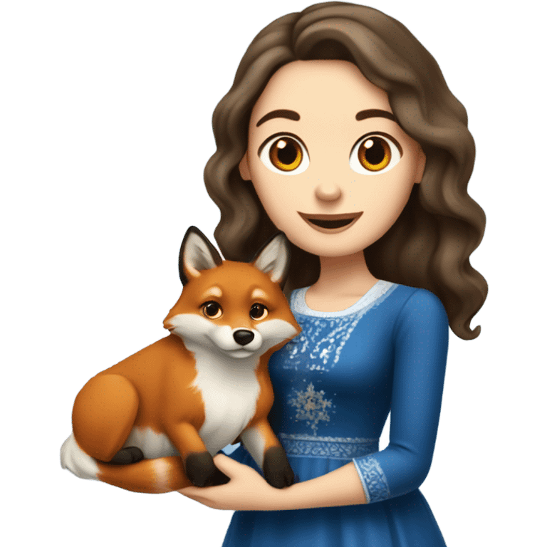 White girl in a dress for Hanukkah with long wavier dark brown hair holding latkes with her red fox looking dog  emoji