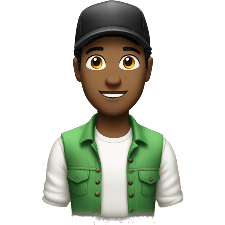 A singer with a white shirt, black hair, brown skin and a green cap emoji