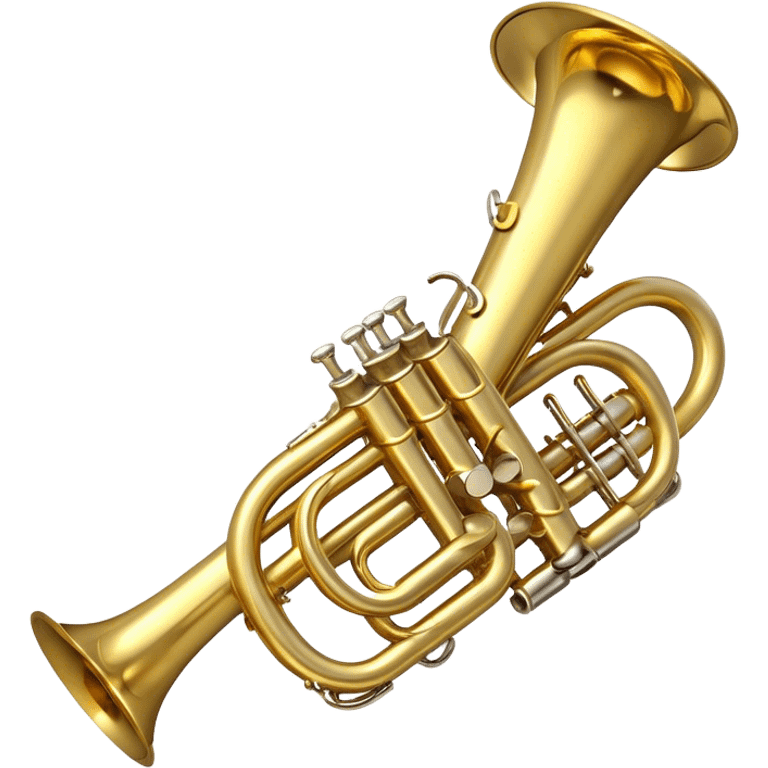 Create a professional and polished emoji representing the Brahner trumpet. The design should showcase the shiny brass body of the trumpet, with its distinct valves and bell. Highlight the smooth curves of the tubing and the elegant flared bell at the end. The valves should be visible with their metal buttons, and the mouthpiece should be positioned at the top of the instrument. Use bright gold and brass tones with reflective light effects to emphasize the trumpet’s polished, high-quality finish. Add subtle musical notes around the trumpet to evoke its bright, bold sound. The background should be transparent. emoji