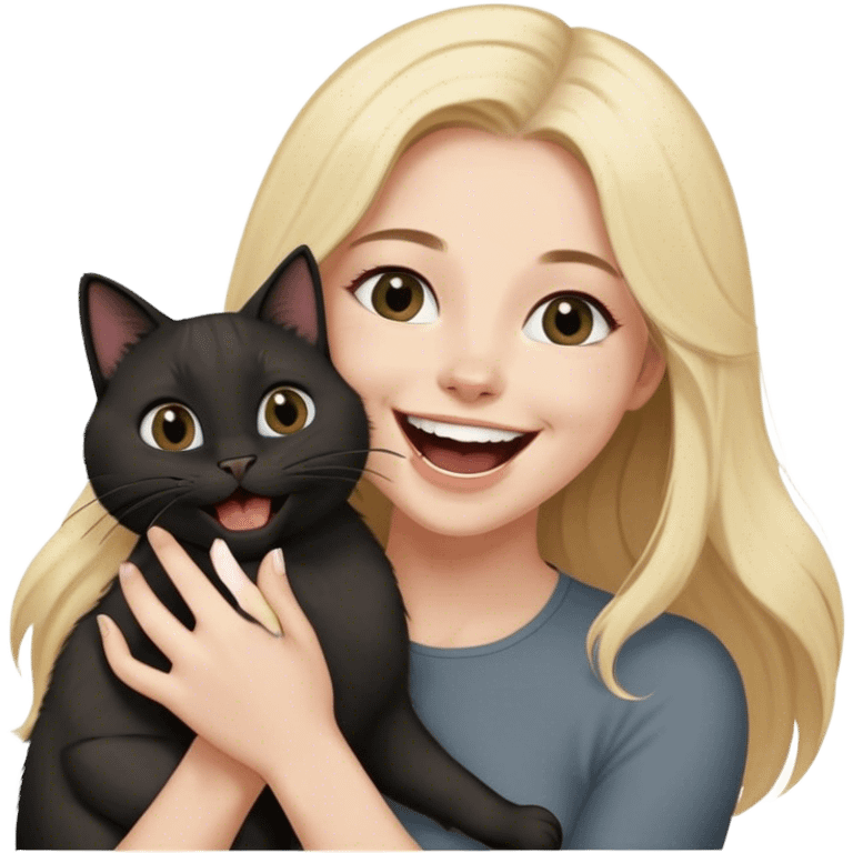 
Blonde with grey eyes and long hair lifts a black British cat above her and laughs emoji