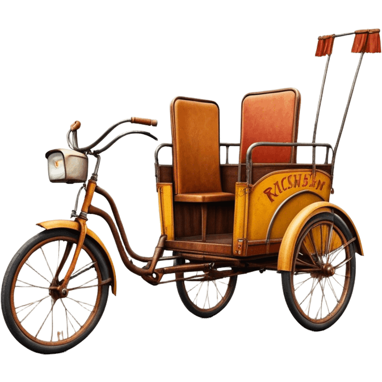 ​Cinematic Realistic Tricycle Rickshaw, depicted as a vintage manually operated vehicle featuring two front wheels and a single rear wheel, rendered with detailed rustic textures, vibrant colors, and dynamic urban lighting that captures its unique design and cultural charm, emoji