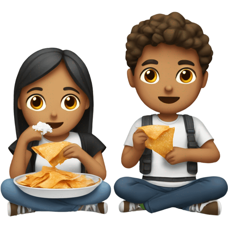 Boy and girl eating chilaquiles siting together emoji