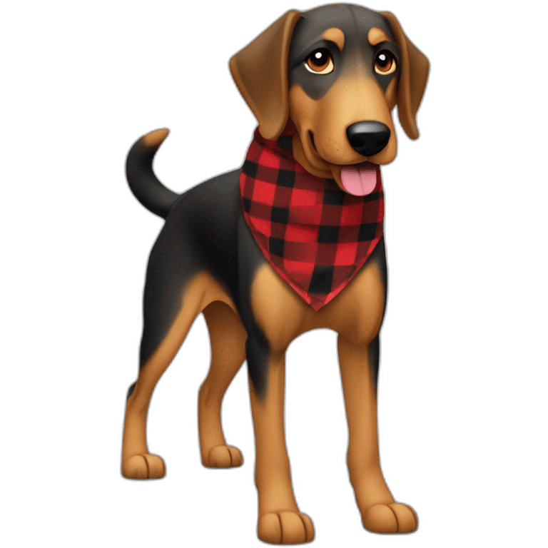 adult 75% Coonhound 25% German Shepherd mix dog with visible tail wearing small pointed red buffalo plaid bandana full body walking left quickly emoji