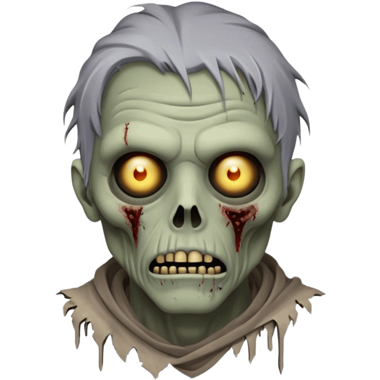 Cinematic Noble Zombie Portrait Emoji, Surprisingly dignified and somber, with a decaying yet strangely regal visage in ashen grays and muted tones, draped in tattered attire hinting at a lost grandeur, simplified yet meticulously detailed, glowing with a soft, eerie radiance and a gentle outline that evokes the tragic nobility of the undead! emoji