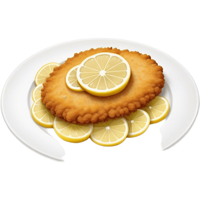 Cinematic Realistic Veal Schnitzel Dish Emoji, depicted as a golden, breaded veal cutlet served with lemon rendered with crisp textures and inviting, natural lighting. emoji