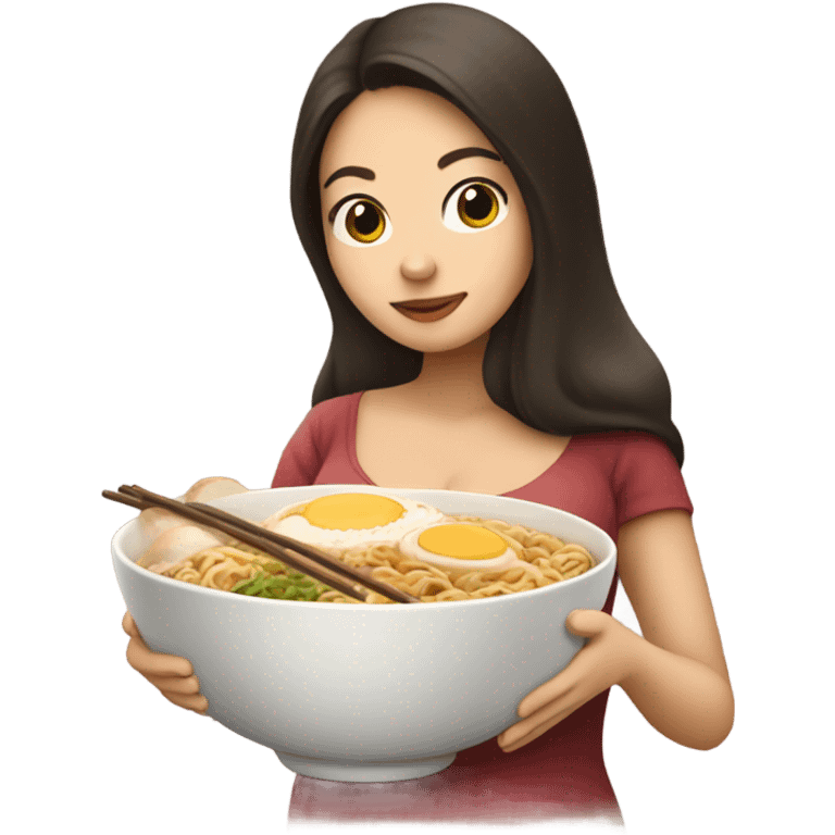 Brunette pregnant lady with big belly eating ramen  emoji