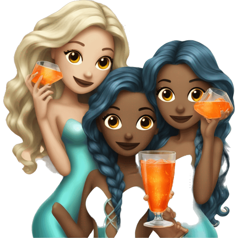 Three beautiful mermaids (light skin) drinking aperol emoji