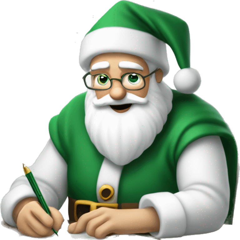 White Father Christmas is sitting on a desk, writing something down on a sheet of paper, solving complicated math puzzles, you can see the math tasks/ exercises emoji