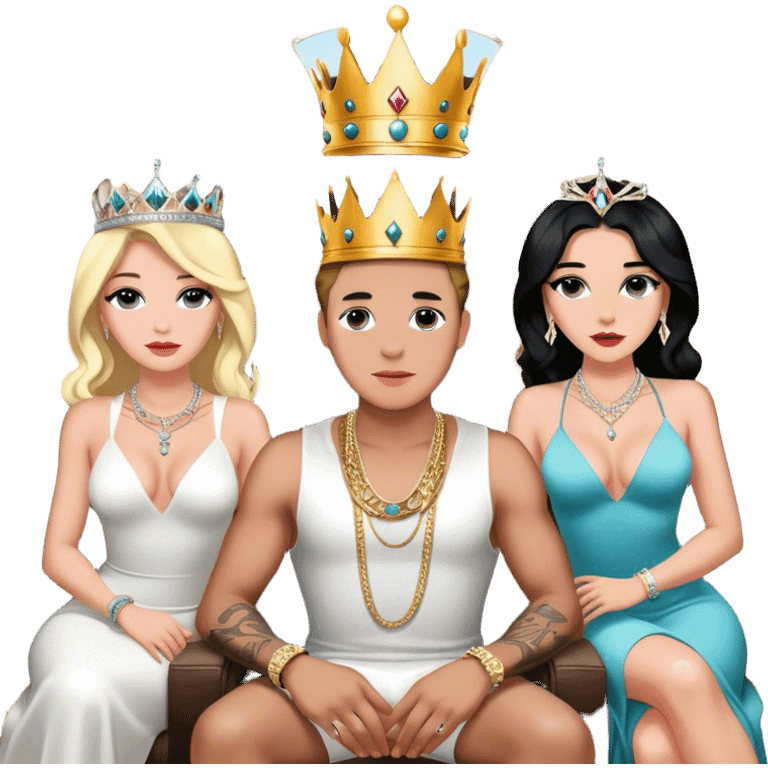 Josh king Madrid Wearing a crown, surrounded by 3 perfect intimate sfw women body breas augmentation models, wearing tons of diamond chains , sitting in private jet ,  emoji