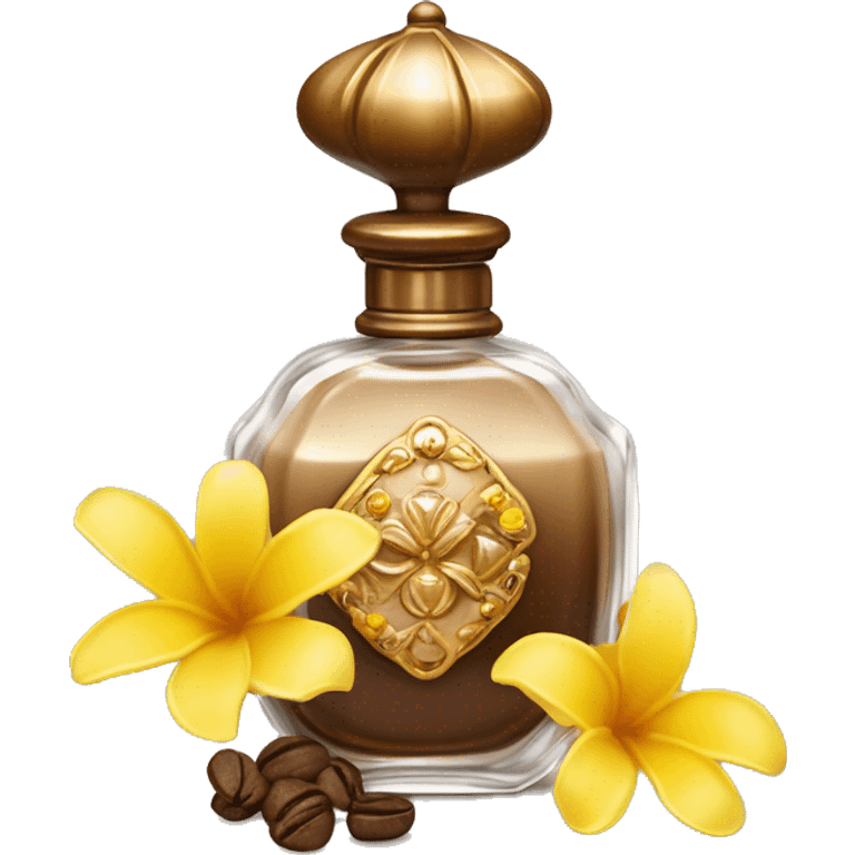 An antique perfume bottle with oil made of bronze and brown crystals, coconut, cream and coffee milk flow, yellow flowers of fragrant vanilla lie next to it emoji