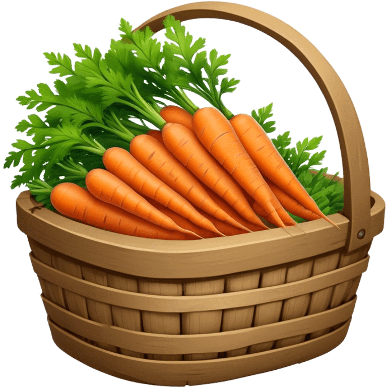 Cinematic vibrant orange carrot, crisp and fresh, slightly twisted with green leafy tops, arranged in a rustic wooden basket, natural and inviting. emoji