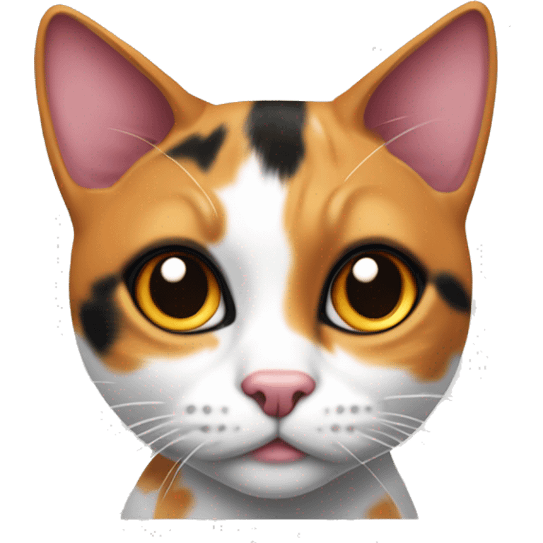 curious calico cat with pink nose, Mostly black markings on her head and a little orange markings on her left eye,gazing forward emoji