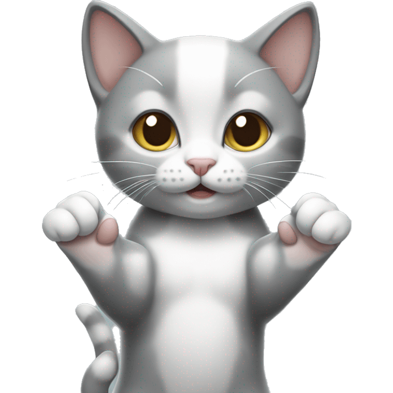 Gray and white kitten giving peace sign with both hands  emoji