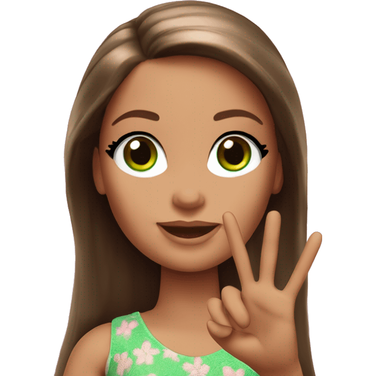 Barbie long brown hair green eyes giving a peace sign emoji