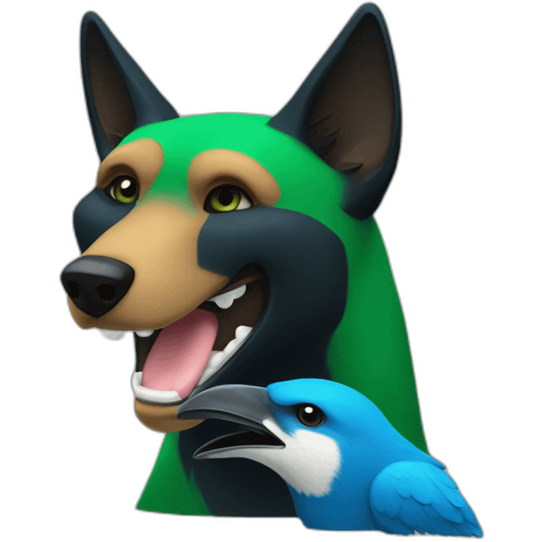 Anthropomorphic black and green dingo kissing a blue anthropomorphic bird emoji