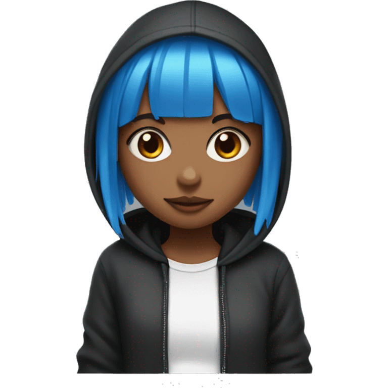 Girl with a blue bang and pink strands and a black hoodie with white strings emoji