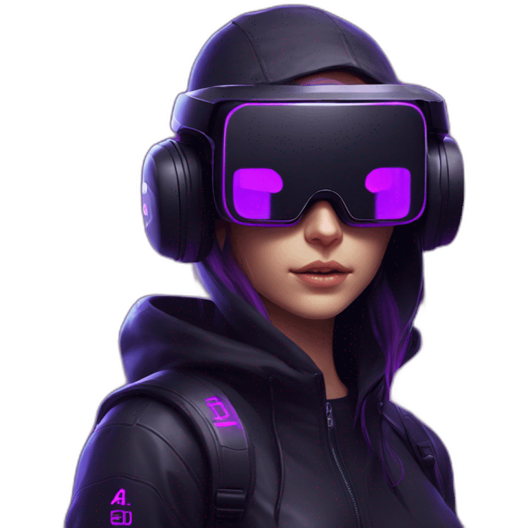 Russian student in the black hoody with violet letters "OMG VR" on it wearing vr headset. Cyberpunk style. Violet neon. emoji