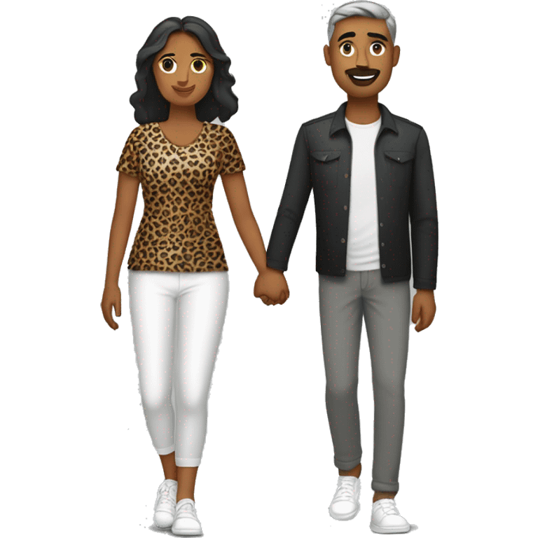 an indian couple, man and a woman holding hand. The man is wearing a black overshirt, a white tee shirt underneath, grey trousers and white trainers, the woman is wearing a leopard print dress emoji