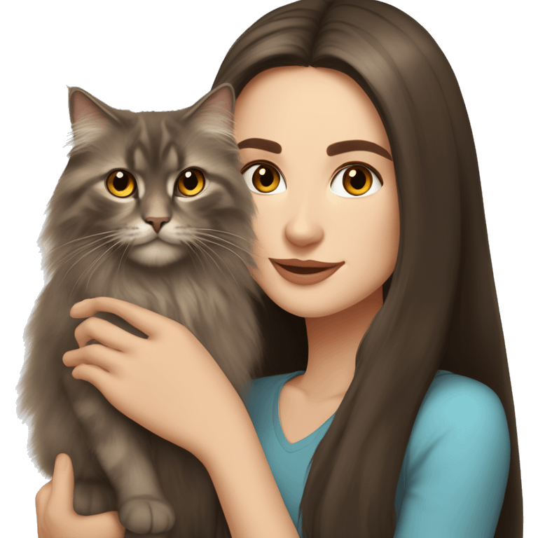 long straight haired blue eyed brunette woman holding norwegian forest cat with amber eyes emoji