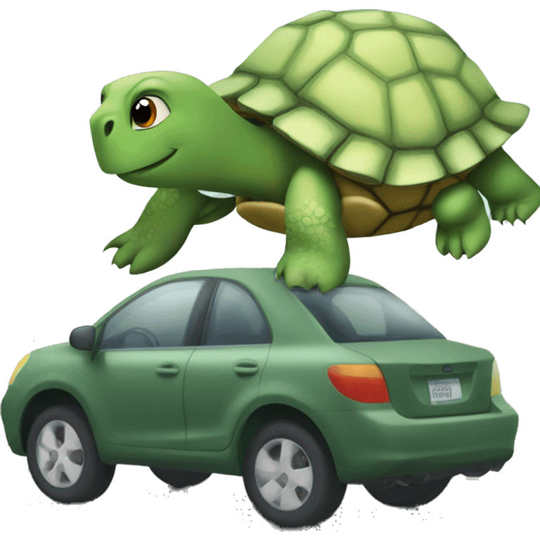 TURTLE! towing a car. The turtle is infront of the car on the road and is straped to the car. emoji