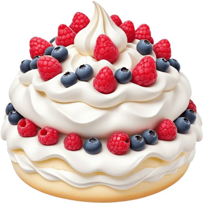 Cinematic Realistic Pavlova Dessert Emoji, showcasing a delicate meringue dessert topped with fresh fruit rendered with lifelike texture and soft natural lighting. emoji