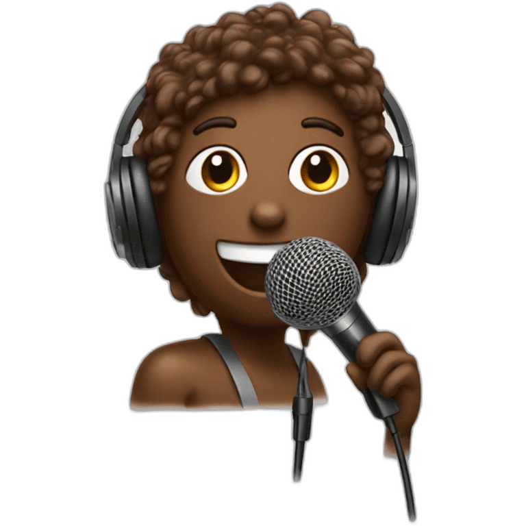 A chocolate colored doodle with a microphone headset emoji