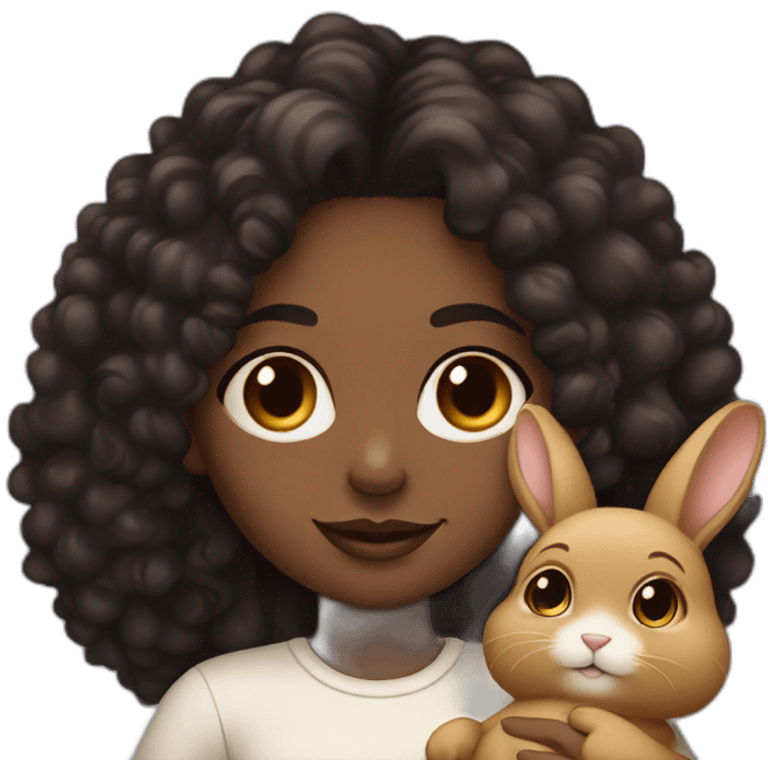 black woman dark long curly hair holding chubby floppy eared tan rabbit emoji