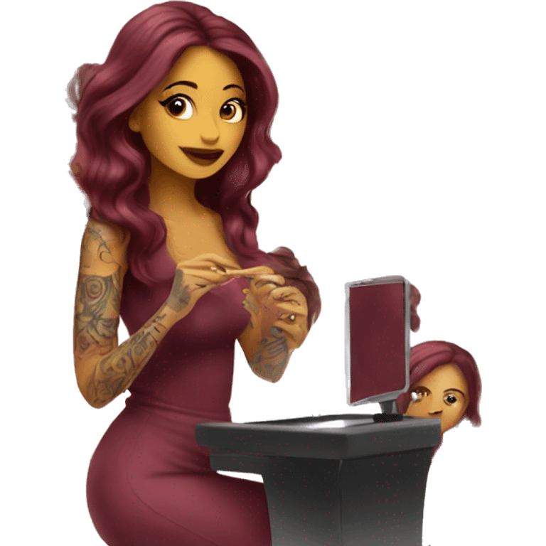 Beautiful tattooed burgundy long haired woman doing her makeup emoji